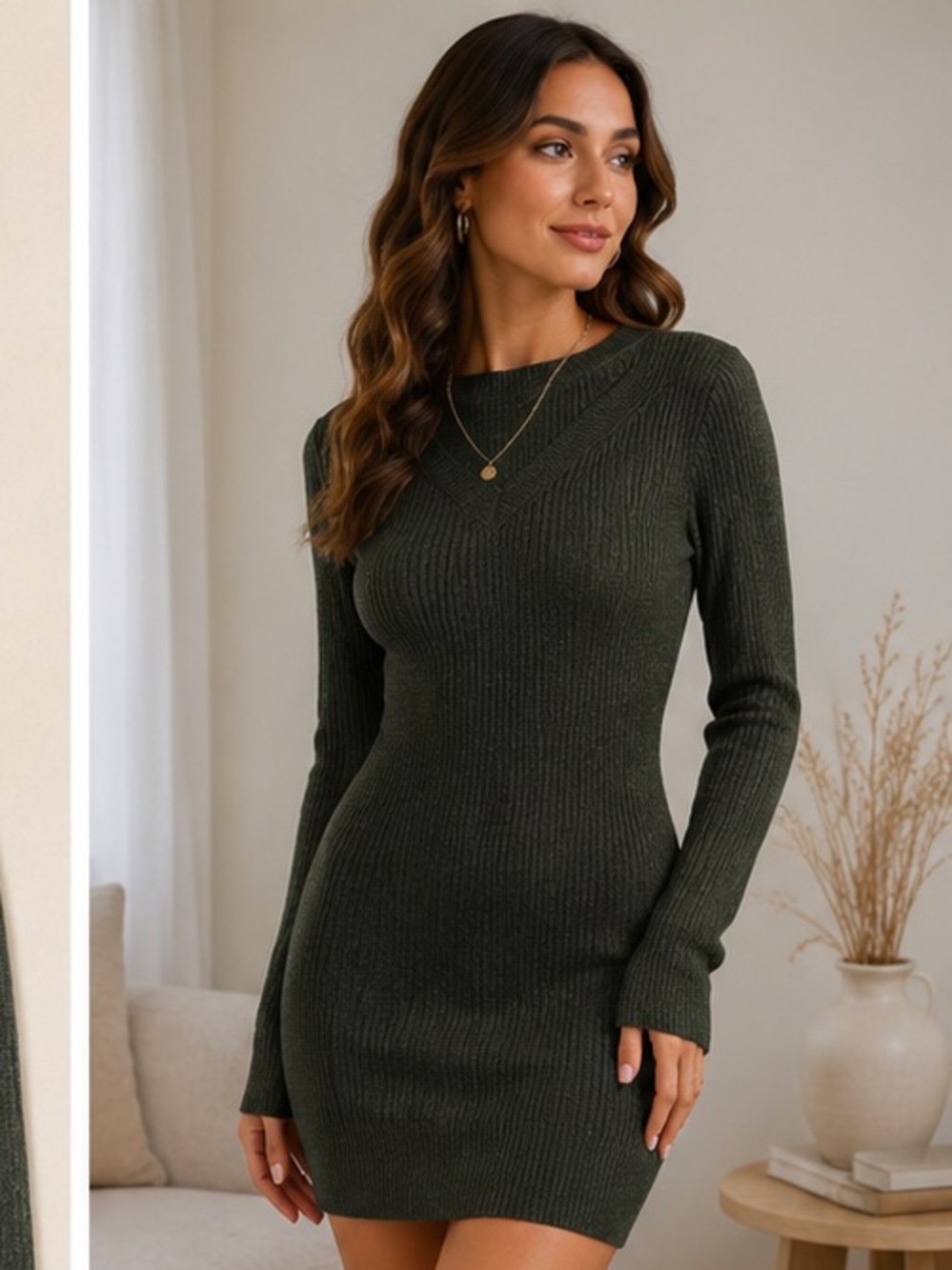Ribbed Long Sleeve Sweater Dress - Dark Green